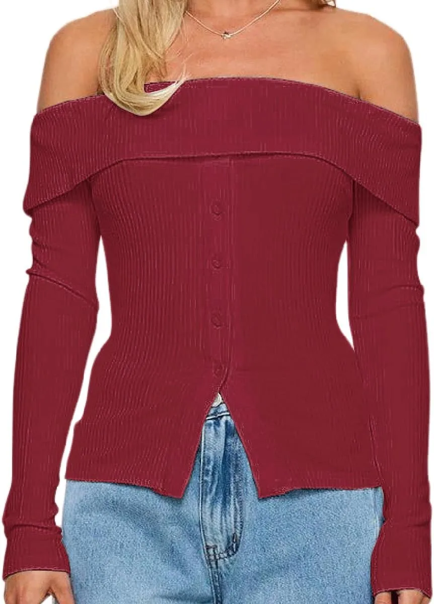 

Модная водолазка с длинным рукавом для женщин Off Shoulder Ribbed Knit Slim Fit Lexamen