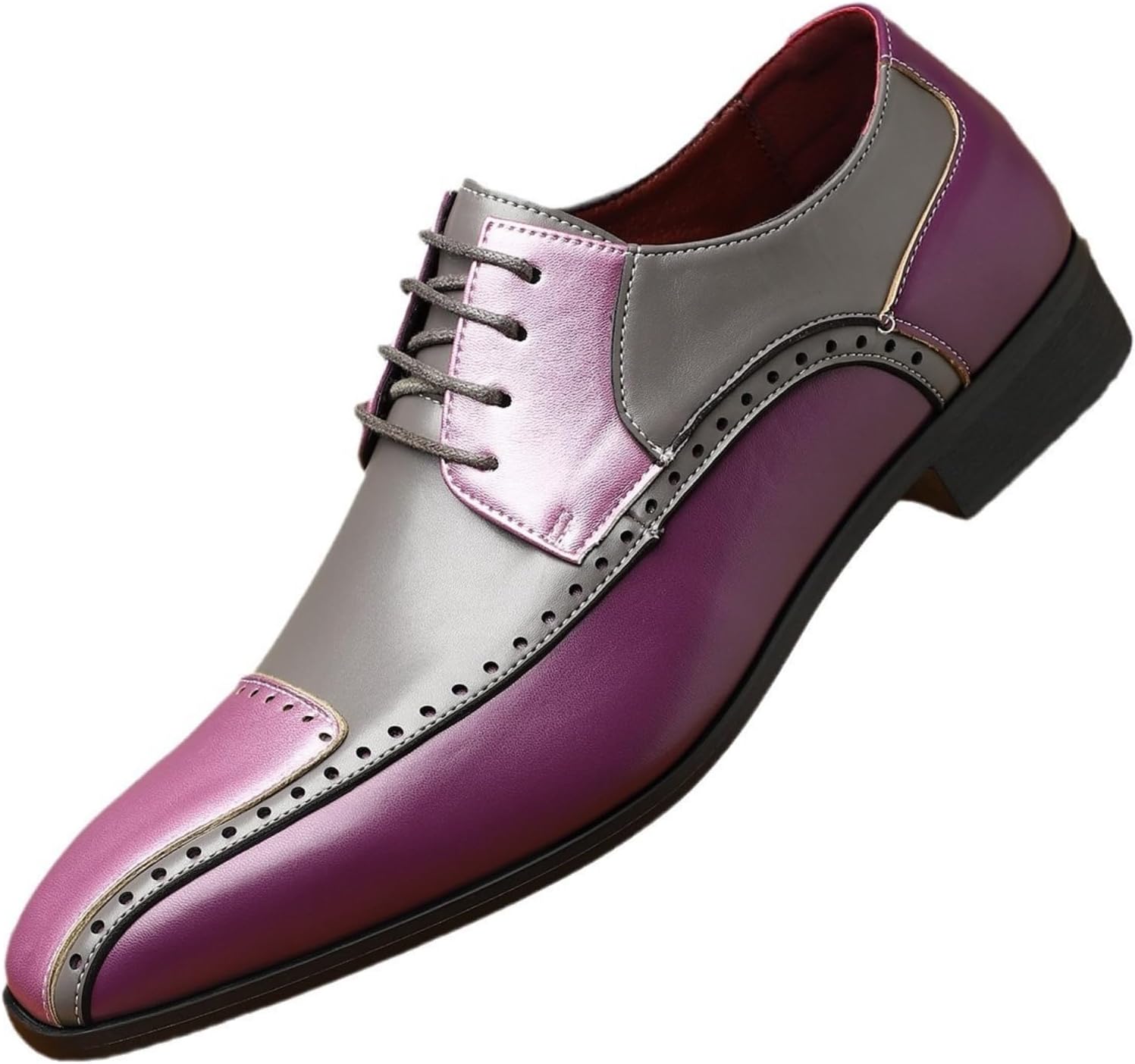 

Мужские туфли оксфорды с переплетением двух тонов, кожаные, с шнуровкой, низкий каблук, крылья носка, мягкий квадратный носок, формальные дерби для вечеринки, свадьбы, офиса и работы Netehadi, пурпурный