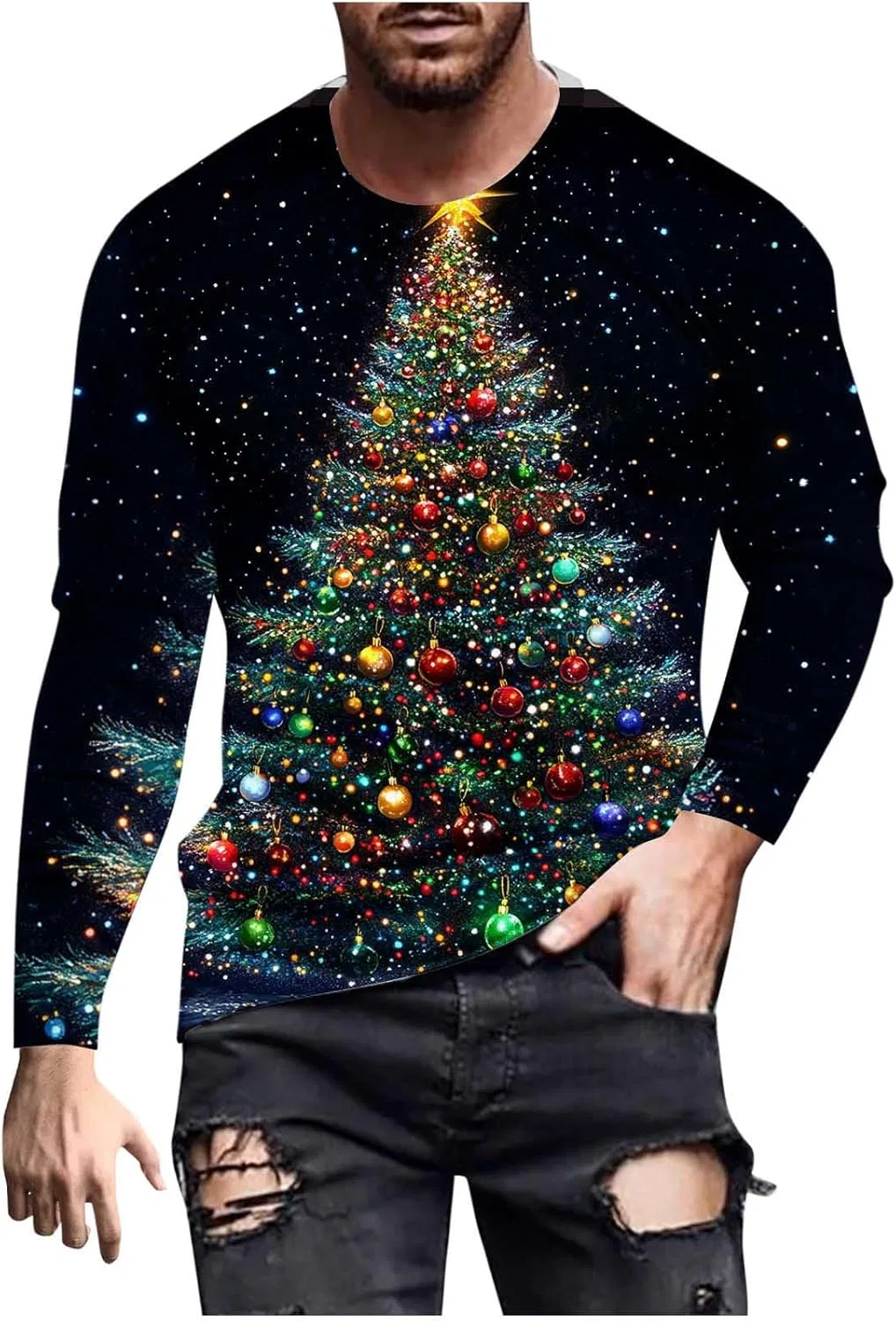 Футболка с длинным рукавом Big and Tall Ugly Xmas Tree для мужчин, пуловер, свитшот для вечеринки, размеры S-4XL Generic, темно-серый