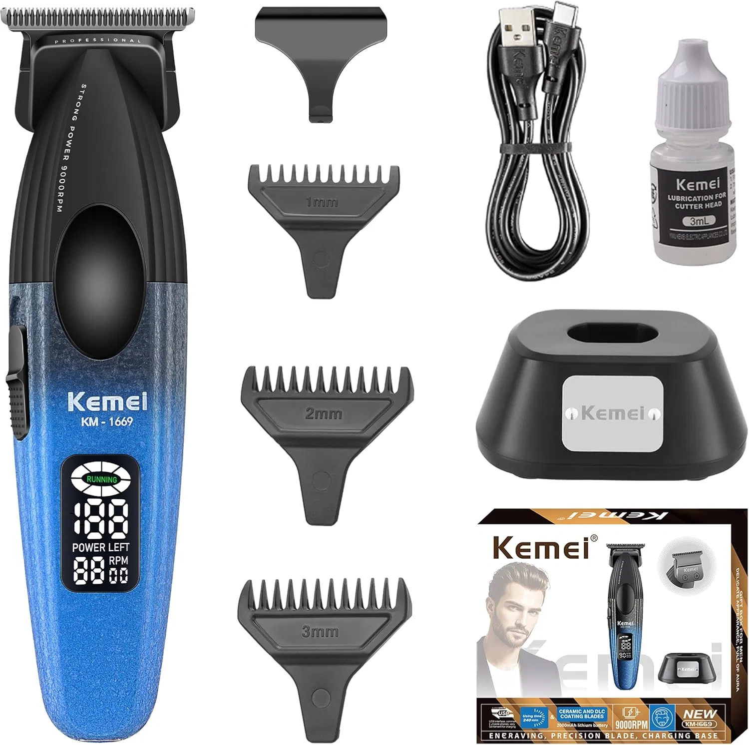 Беспроводной триммер для бороды KEMEI 1669 с LED-дисплеем Kemei, Km-1669Blue