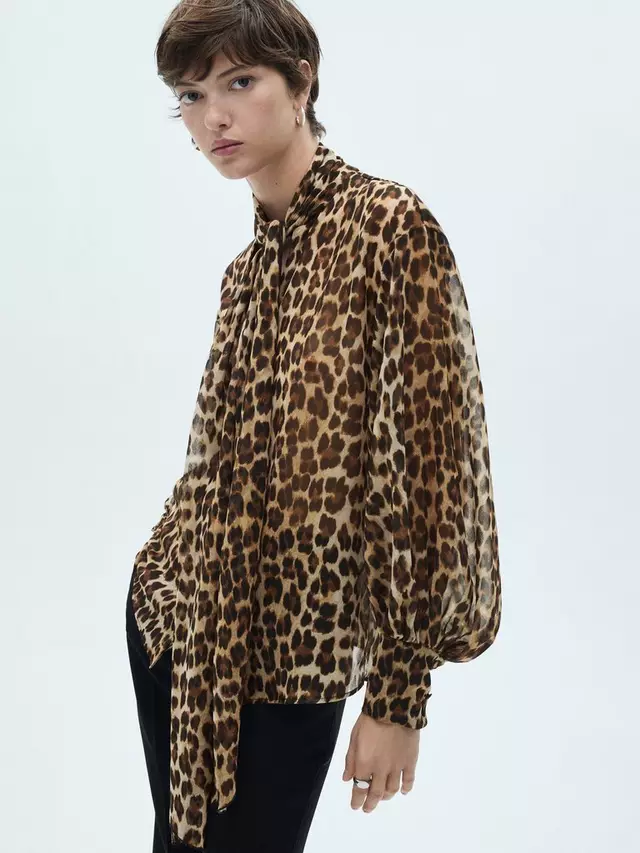 

Топ Mango Garden Animal Print Bow, цвет brown/multi