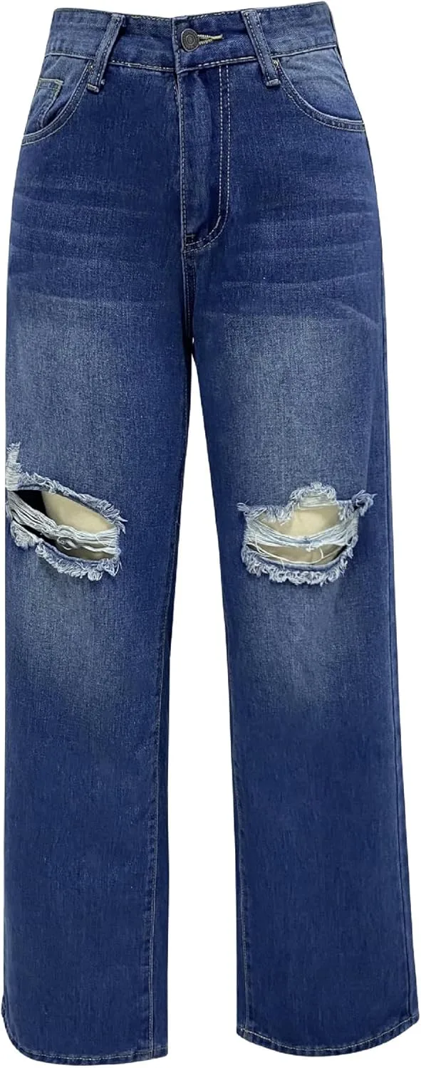

Женские рваные джинсы loose washed wide leg deep blue