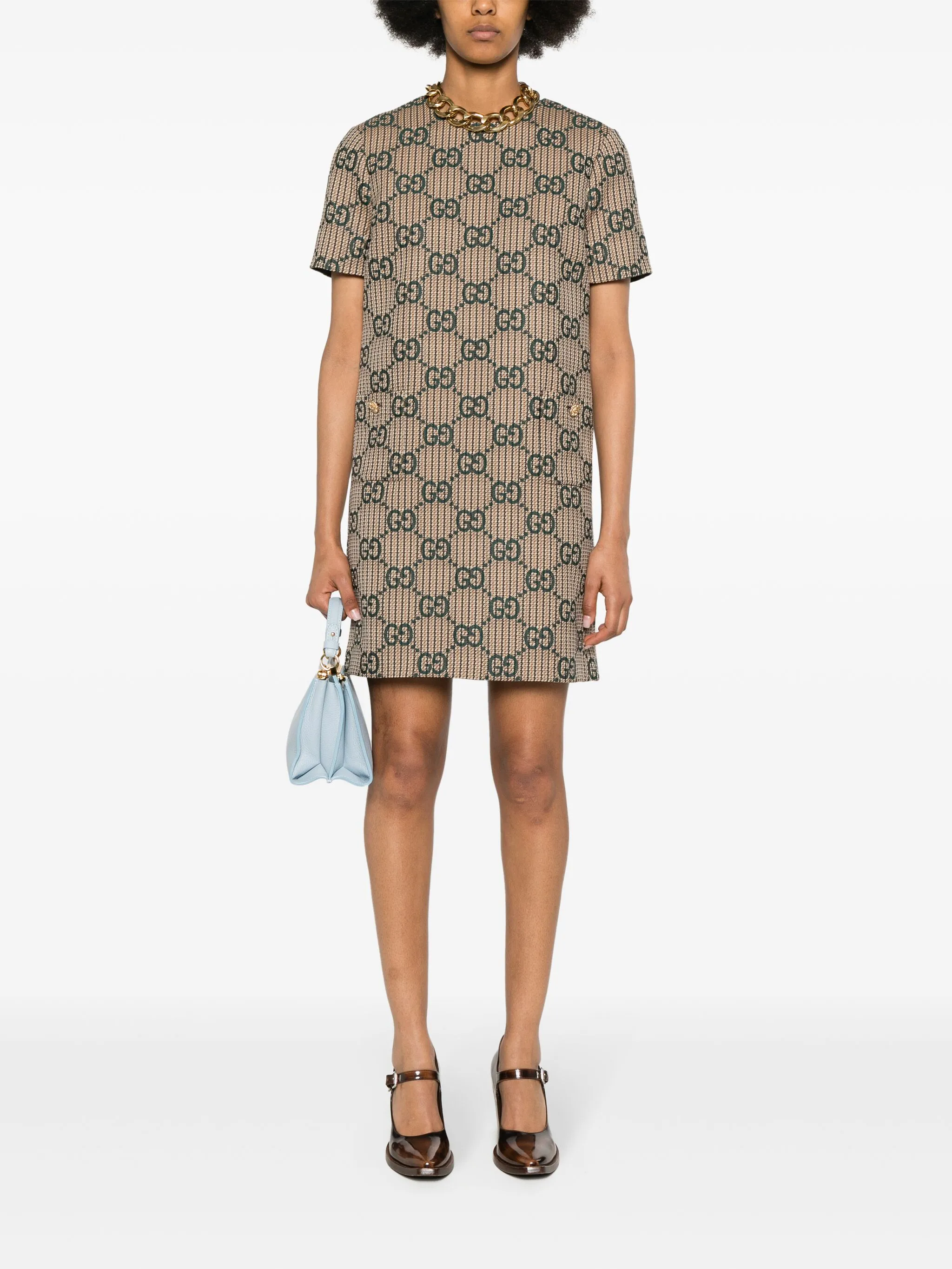 Платье с жаккардовым логотипом GG Gucci, коричневый/зеленый — фото 2