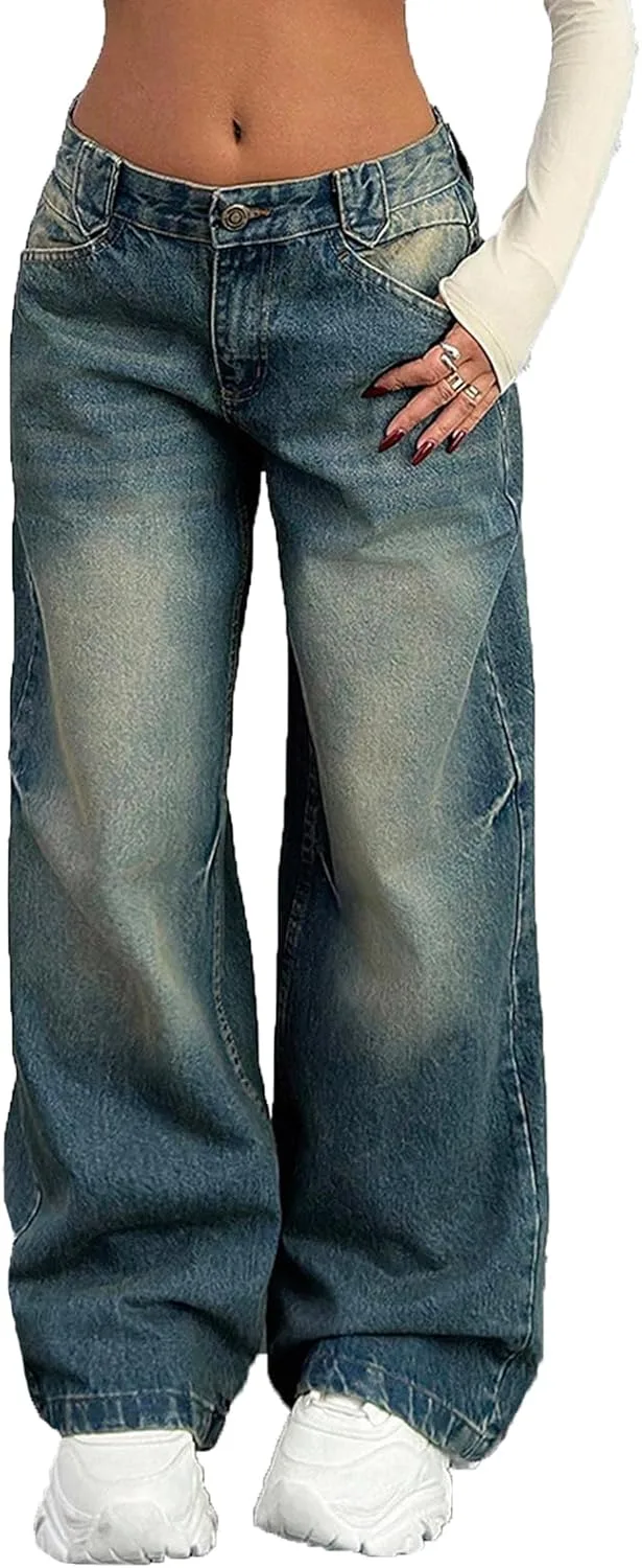 

Джинсы Wide Leg для женщин Mid Waist, винтажные, потертые cffvdiz