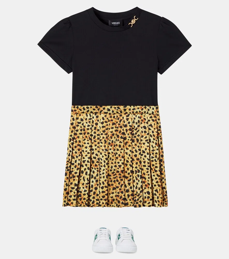 Платье из хлопкового трикотажа и твила с леопардовым принтом Versace Kids, черный — фото 2