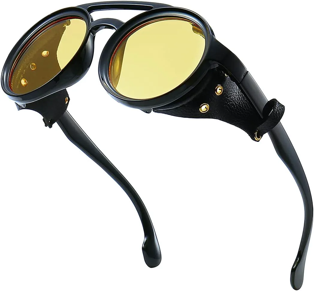 

Солнцезащитные очки GYsnail Make the world clear Round Premium Steampunk Sunglasses For Men With Leather Side, UV400 Protection HD Punk Sunglasses, Yellow