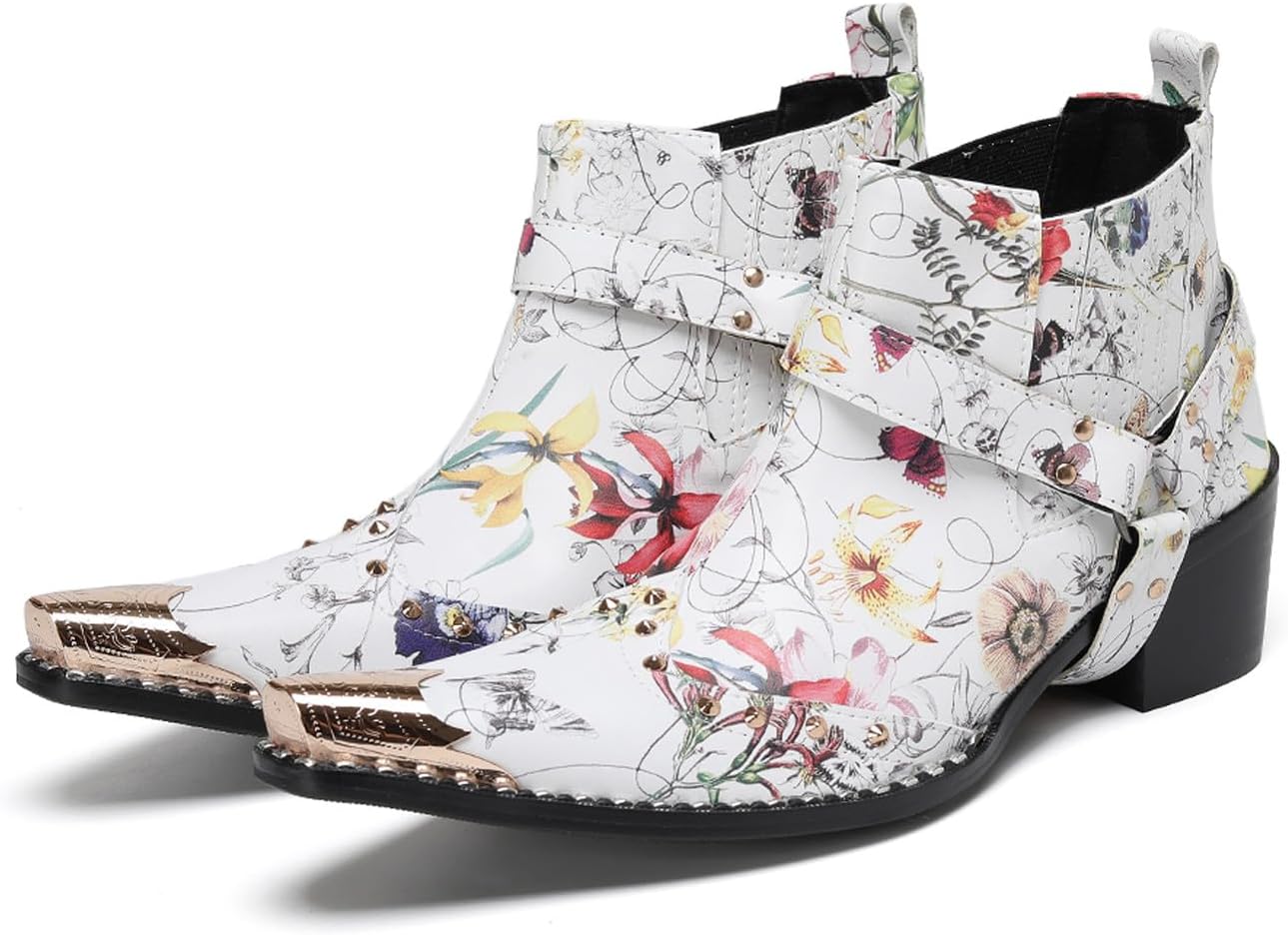 

Ботинки Chelsea на щиколотку Santimon Mens с цветочным принтом для мужчин - из натуральной кожи, повседневные и классические с металлическим носком, западным стилем, пряжкой и заклепками для балов и диско, белый