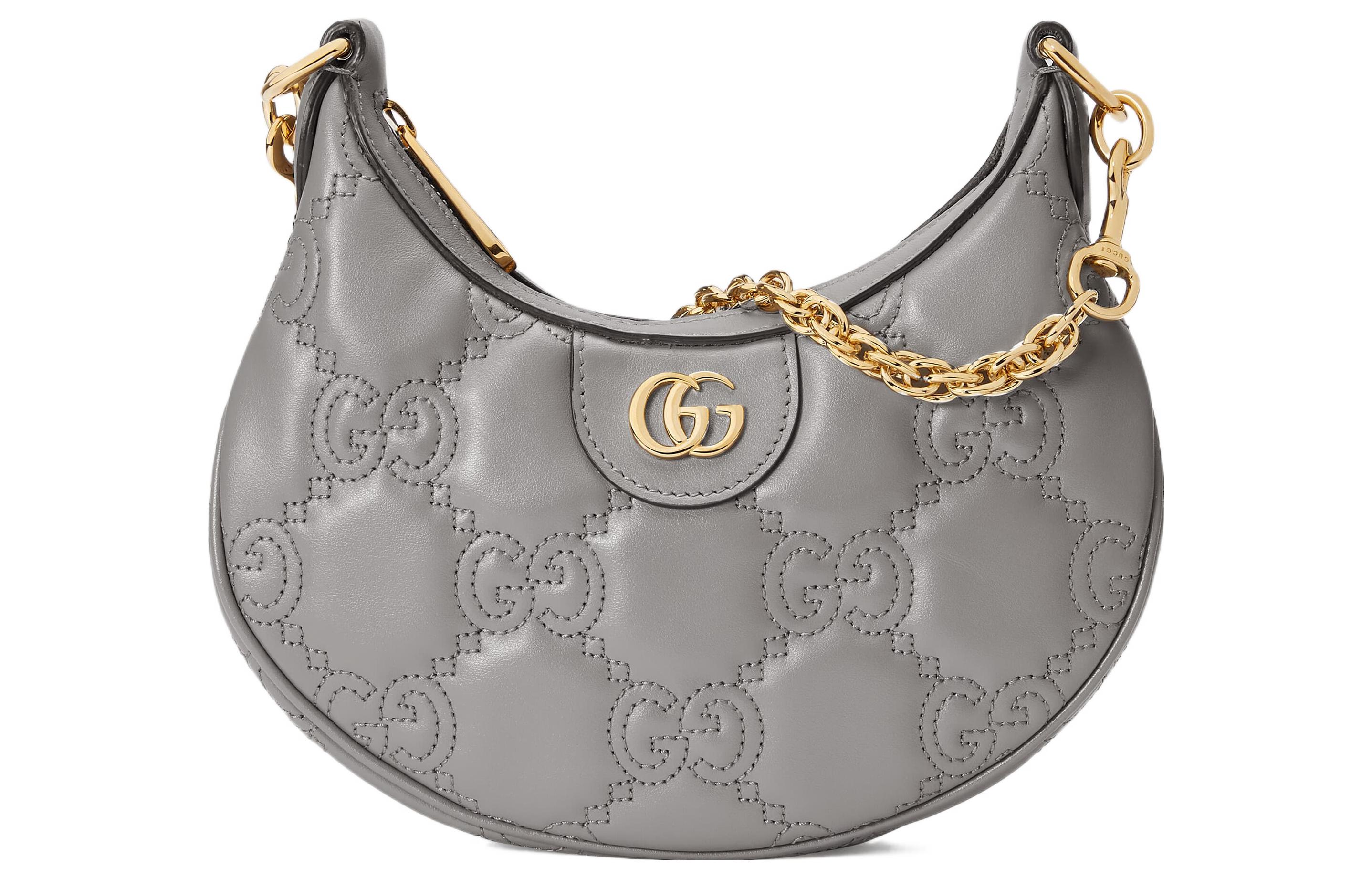 

GUCCI Кожаная сумка полумесяц с тиснением матрасной строчкой через плечо женская серая