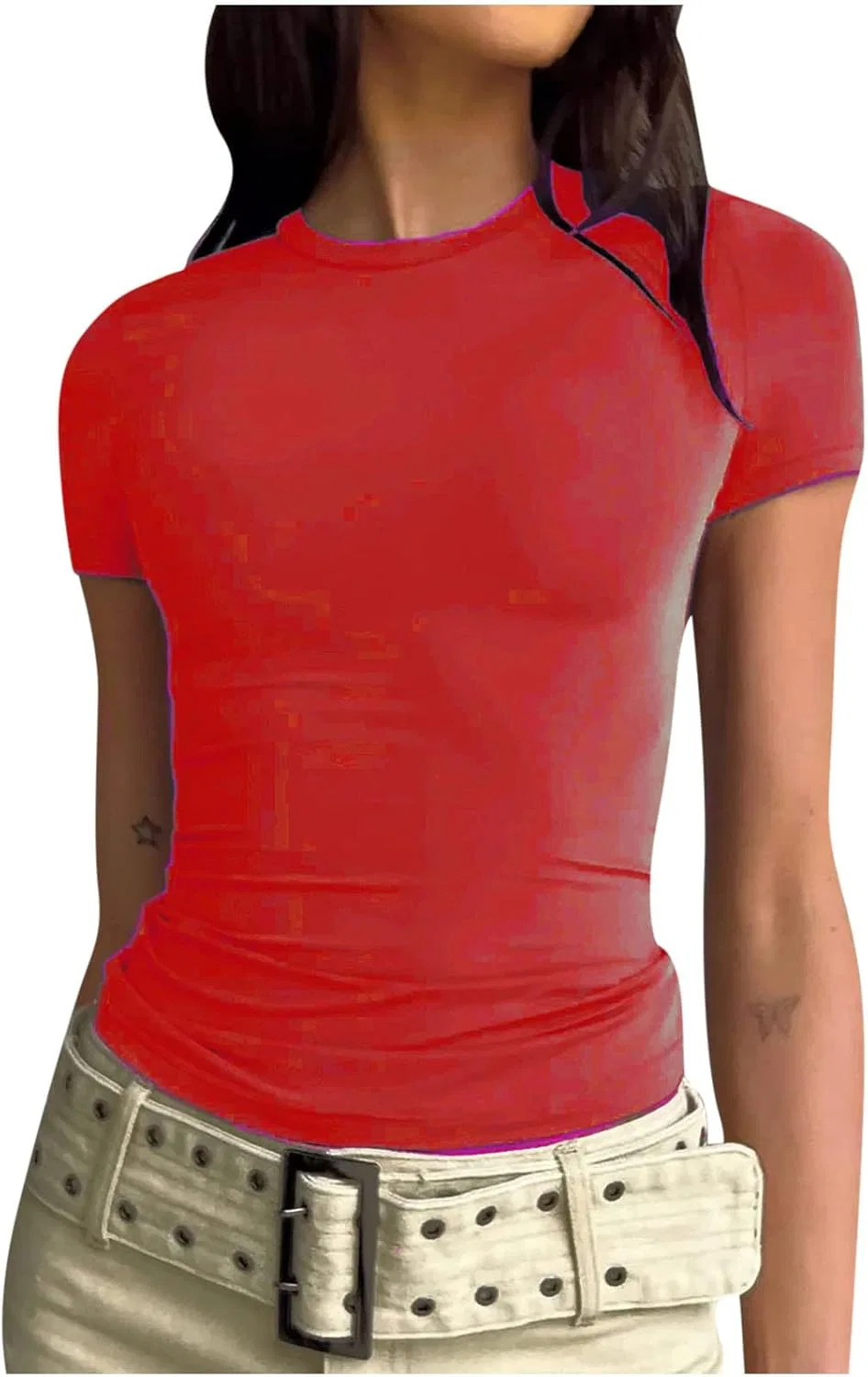Женский топ с вырезом лодочка, короткий рукав, облегающий, Generic, Red