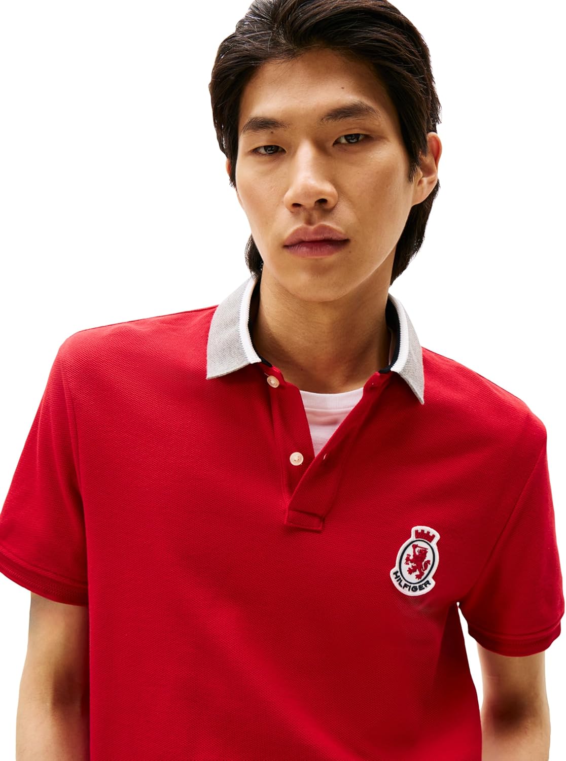 Мужские поло Tommy Hilfiger с коротким рукавом, классического кроя, с узорами на воротнике и гербе, Medium Red — фото 2