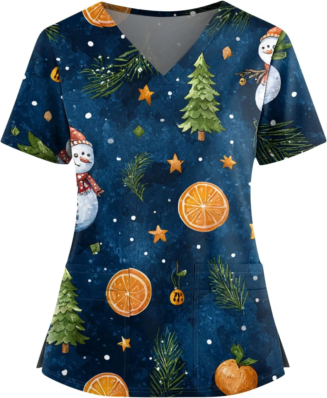 Медицинский топ с V-образным вырезом, коротким рукавом, Christmas принт, 4-dark Blue