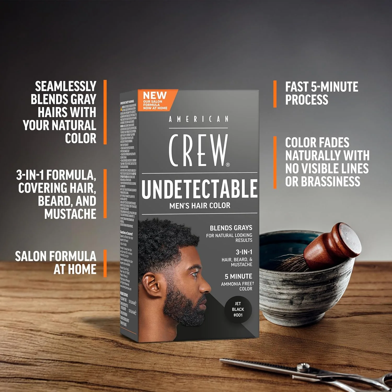 Краска для волос American Crew Undetectable для мужчин | Полуперманентная краска для волос черного цвета | Естественное закрашивание седины, оттенок 001 Black, 1 упаковка, 001 Black — фото 2