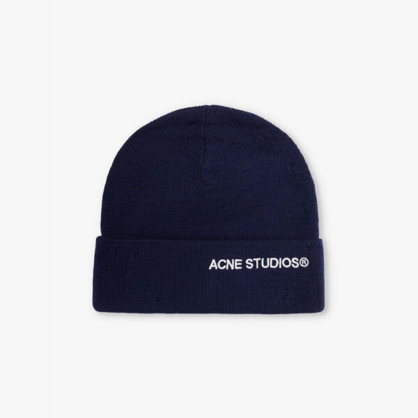 

Шапка-Бини из шерстяной смеси с вышитым логотипом и отложными полями Acne Studios, синий