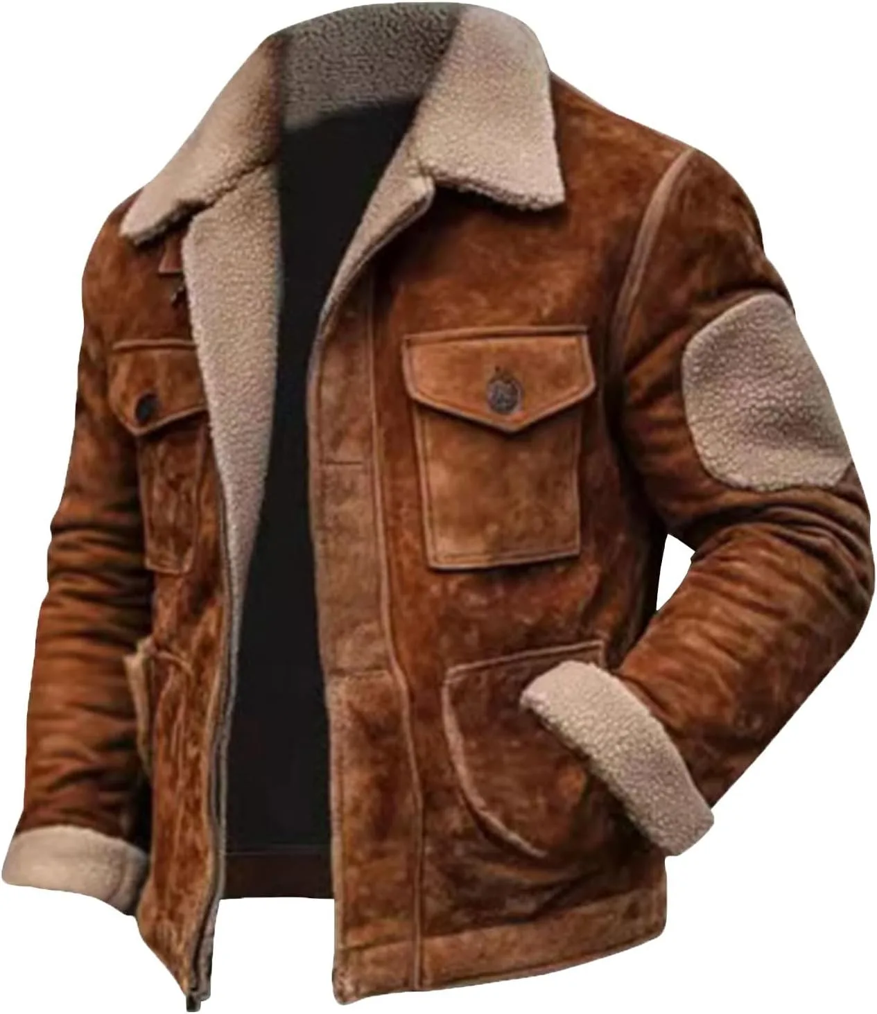 Куртка с флисовой подкладкой мужская Vintage Leather Jacket модная замшевая с плюшевым воротником зимняя теплая пушистая Generic, кофейный