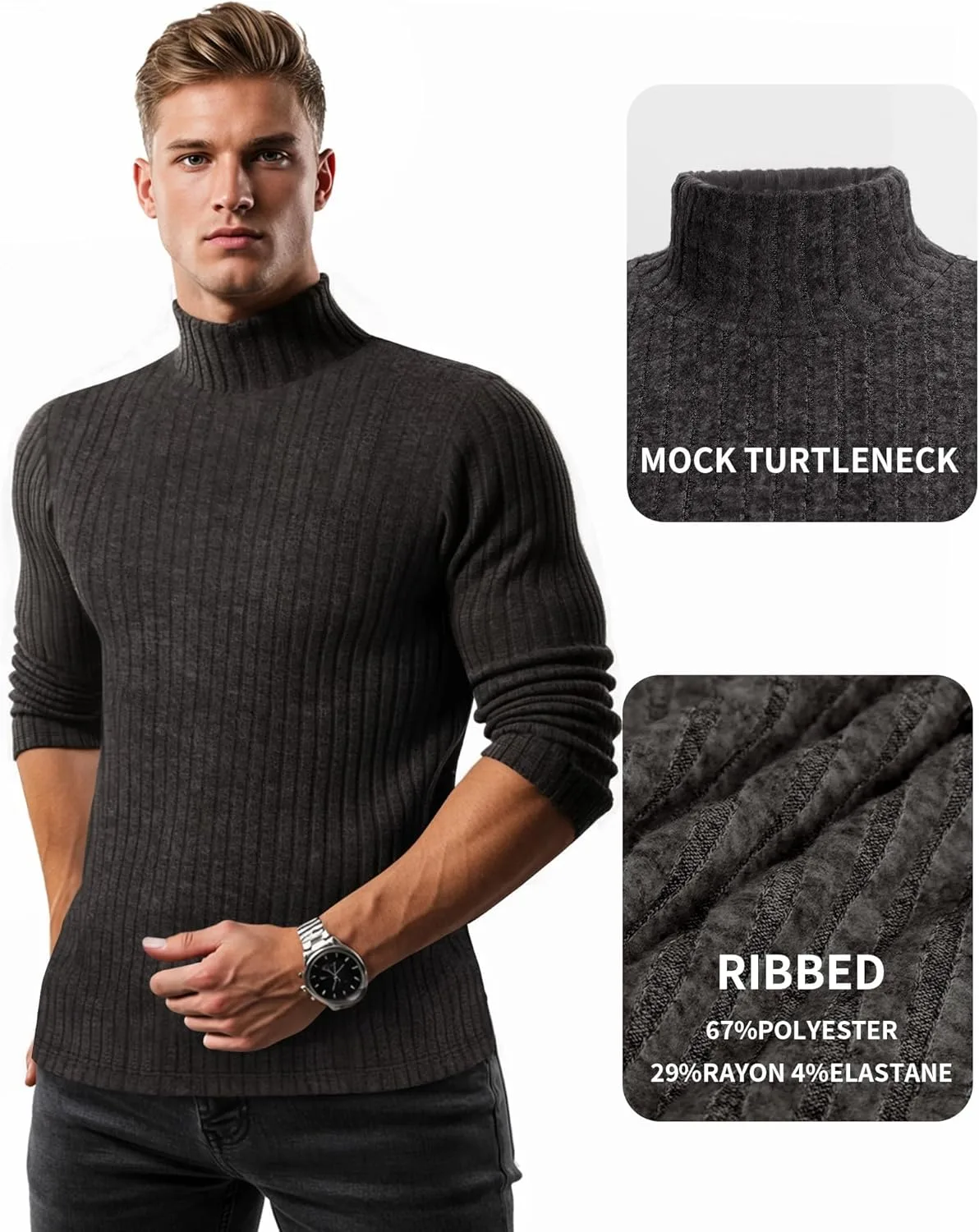 Мужской водолазка с длинным рукавом, теплая повседневная в рубчик, Slim Fit — фото 4