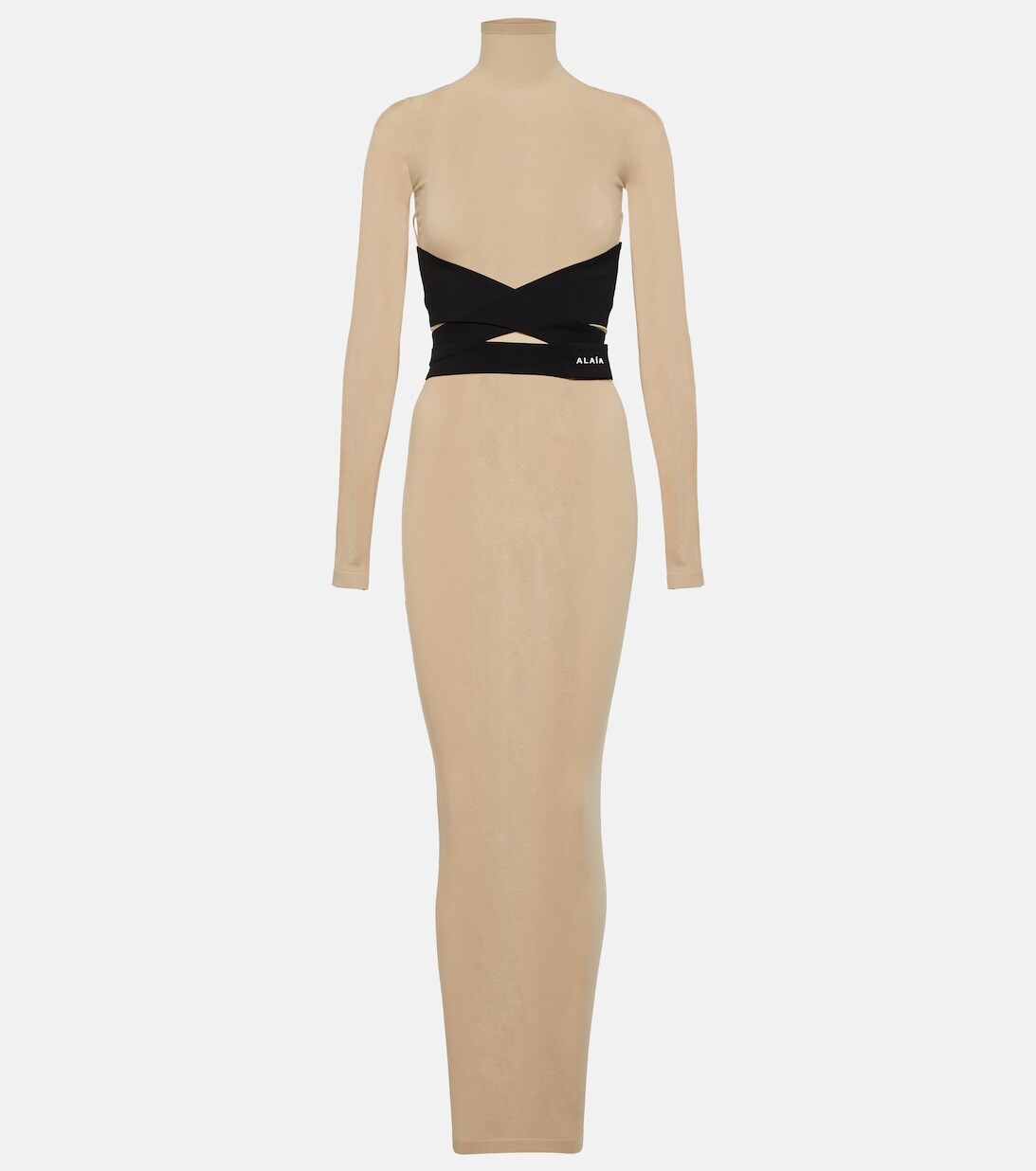 

Платье макси из джерси с водолазкой и поясом ALAÏA, бежевый