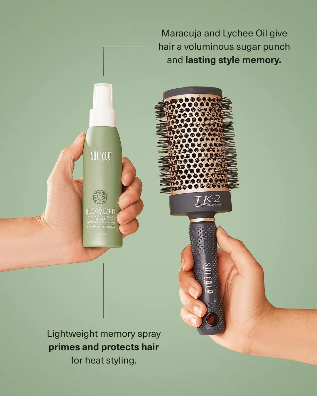 Набор для термозащиты волос Surface Hair Blowout Heat Protection Bundle: шампунь, кондиционер, масло для защиты волос от воздействия высоких температур и основа под укладку, 4 предмета. — фото 4