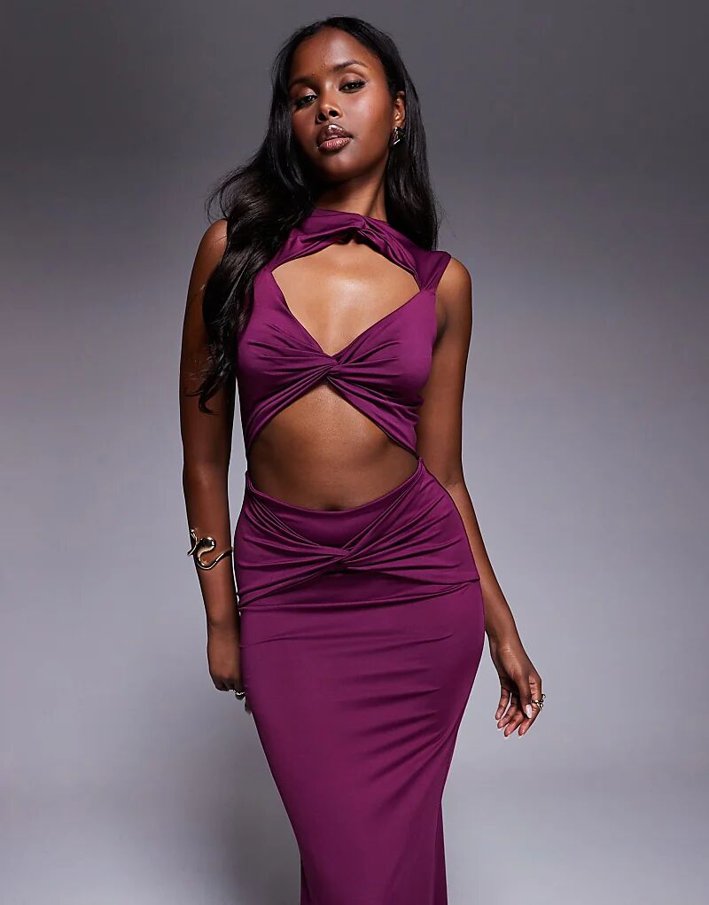 

Платье макси Aria Cove, двухслойное, облегающее, с высоким воротом и перекрученным спереди, сливового цвета