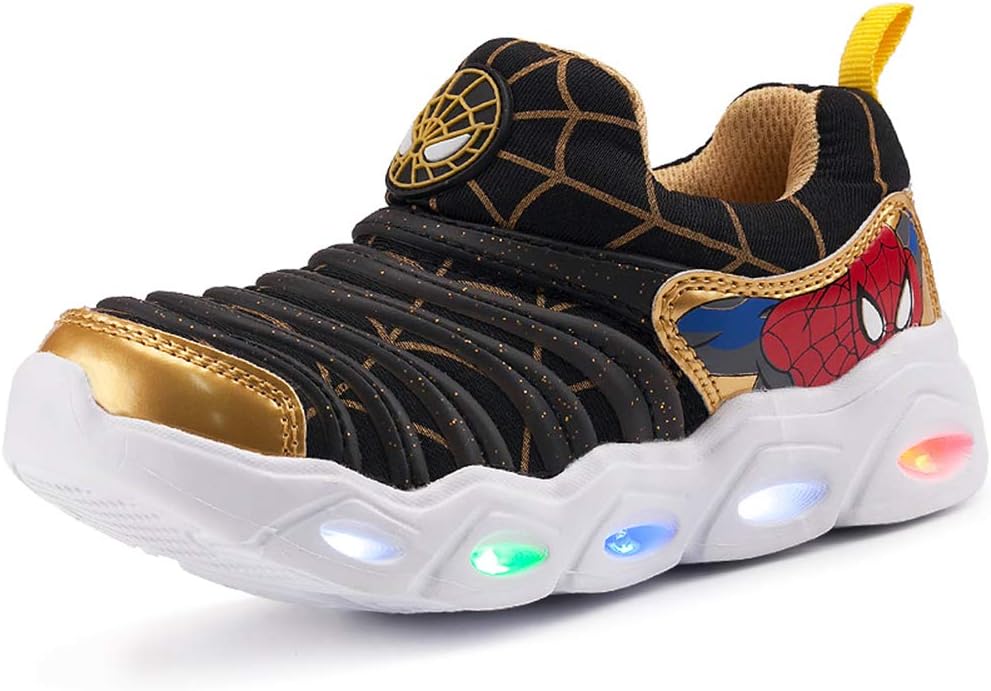 

Детские светящиеся кроссовки YUNICUS с LED-подсветкой и верхом в виде паука, с зарядкой через USB для мальчиков, девочек и малышей, лучший подарок на день рождения, День благодарения и Рождество, черный/золотой