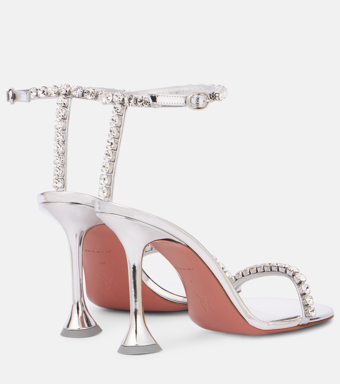 Женские кожаные сандалии Gigi 95 с декоративными элементами Amina Muaddi, Silver + White Crystal — фото 2