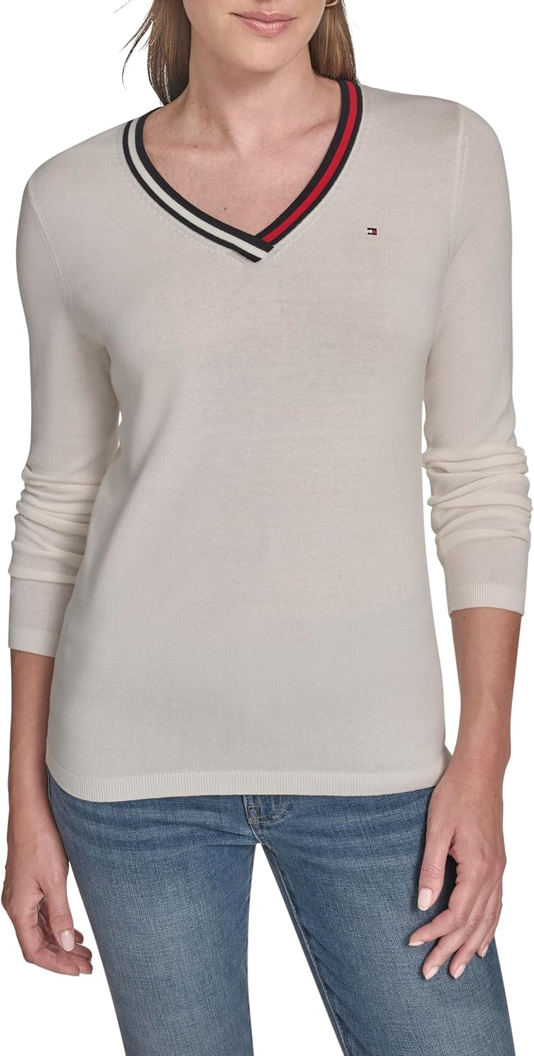 

Женский однотонный хлопковый свитер Tommy Hilfiger с длинными рукавами и V-образным вырезом, Ivory Multi