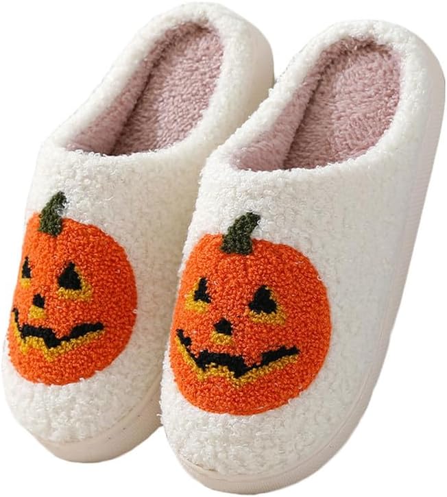 

Унисекс тапочки для дома JadeRich на Хэллоуин с Джек-фонариком и тыквой, плюшевые домашние тапочки для женщин и мужчин, белый