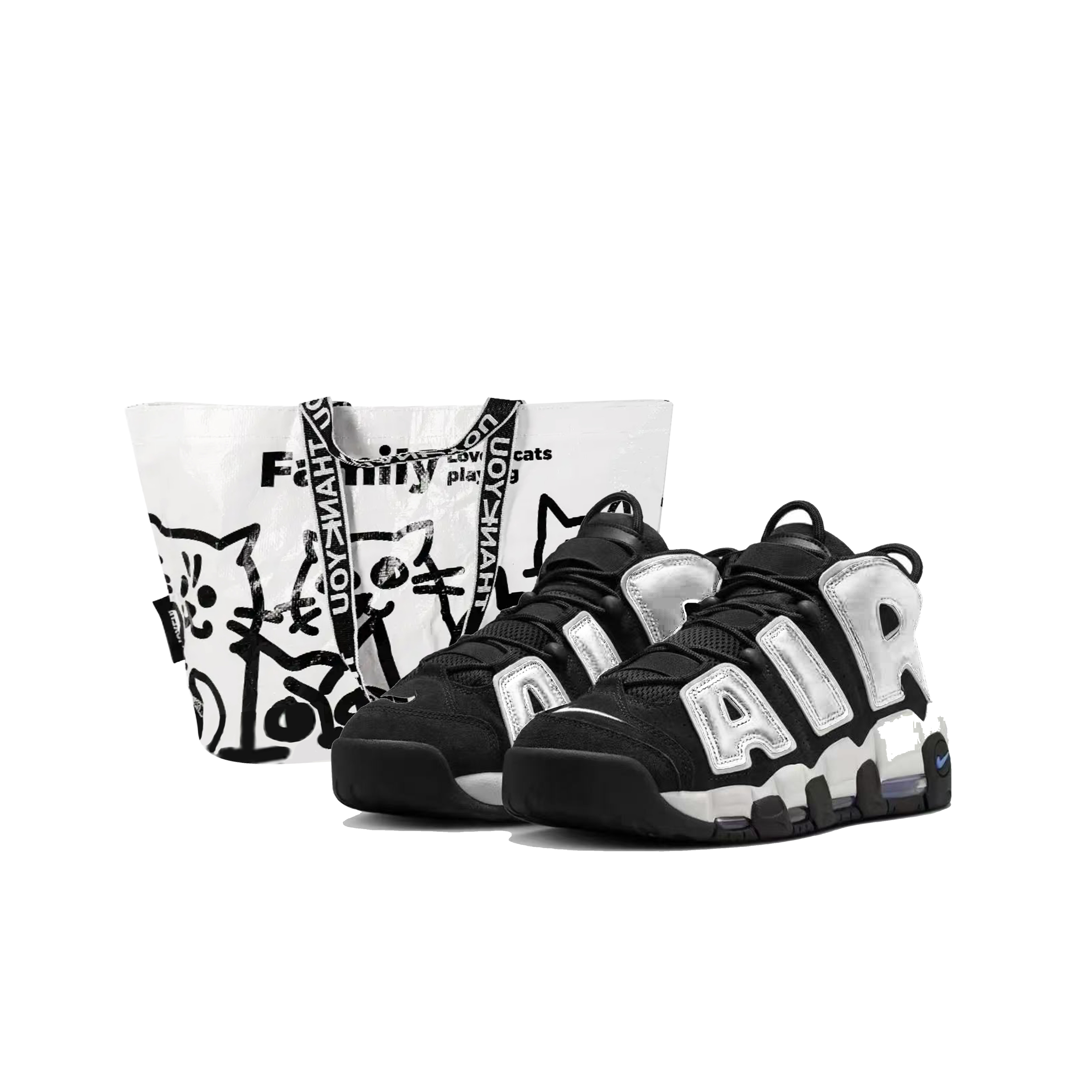 

Баскетбольные кроссовки Air More Uptempo Moonlight Dance, износостойкие, винтажные, среднего размера, мужские, черно-серебристые Nike, Black Silver (Shopping Bag)