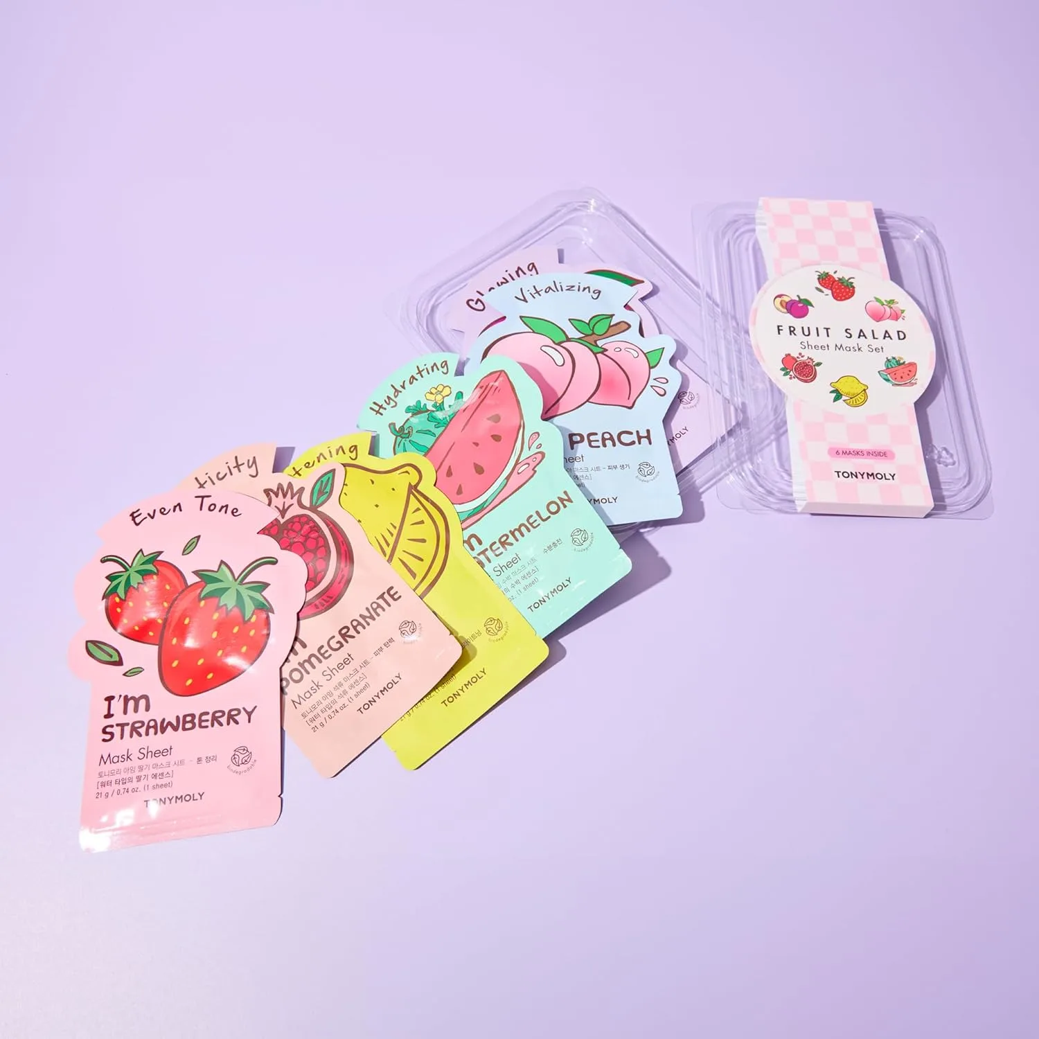 Набор TONYMOLY — Fruit Salad Sheet Mask Set - 6 увлажняющих и осветляющих корейских тканевых масок с витамином C и фруктовыми экстрактами для — фото 3