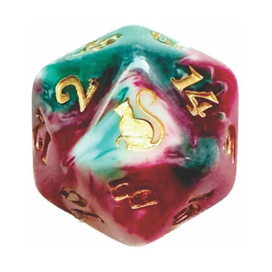 

d20 19 мм Lucky — белый, красный и зеленый с золотом, Kitty-Clacks Dice