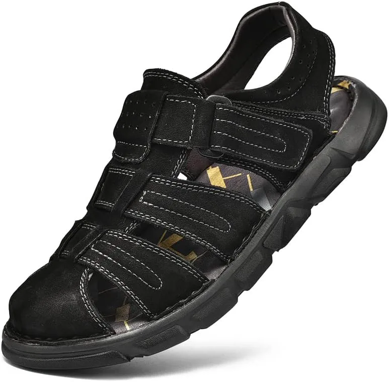 

Мужские кожаные спортивные сандалии с закрытым носком, регулируемые, для прогулок на улице, сандалии-рыбаки Mecolop, черный