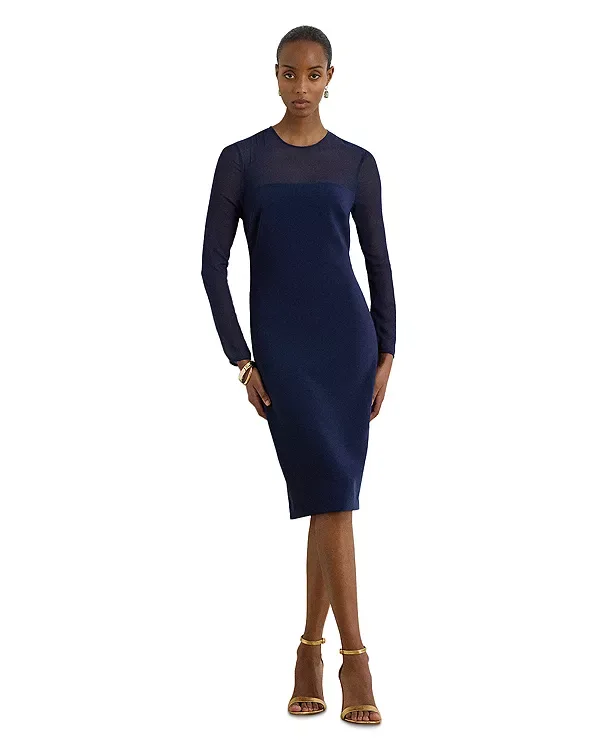Коктейльное платье из крепа и шифона Ralph Lauren, Navy