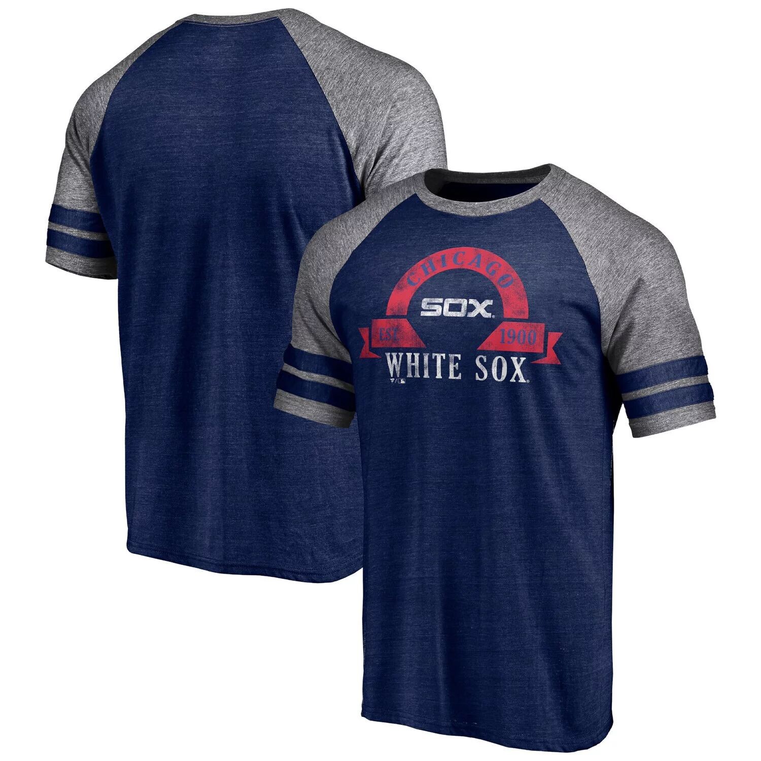 

Мужская футболка с двумя полосками реглан Tri-Blend с логотипом Chicago White Sox и фирменным логотипом Heather Navy Chicago White Sox Fanatics