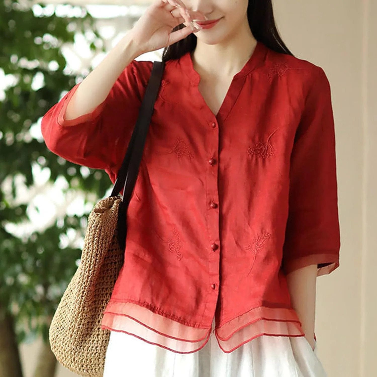Футболка с цветочным принтом, свободная, Cotton Linen T-Shirt, красный — фото 2