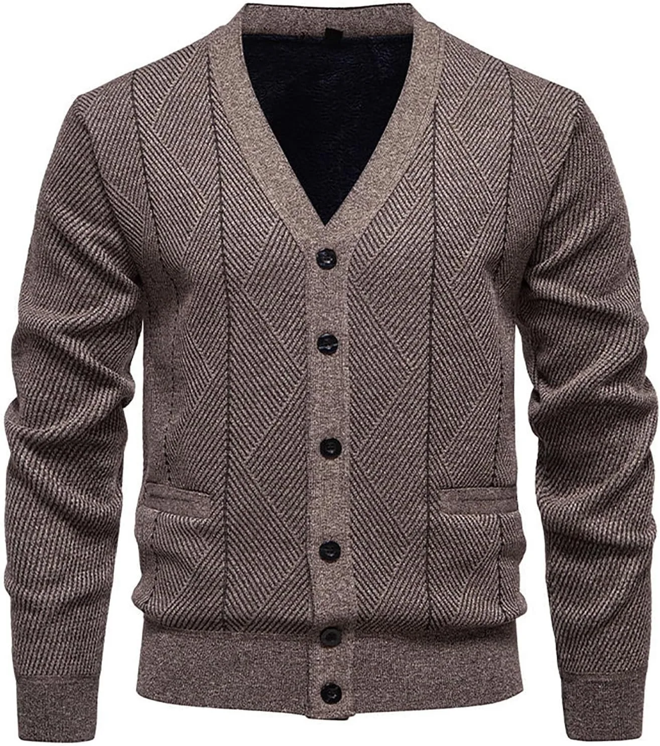 

Мужской кардиган с воротником V-образной формы, кабельной вязкой и пуговицами
