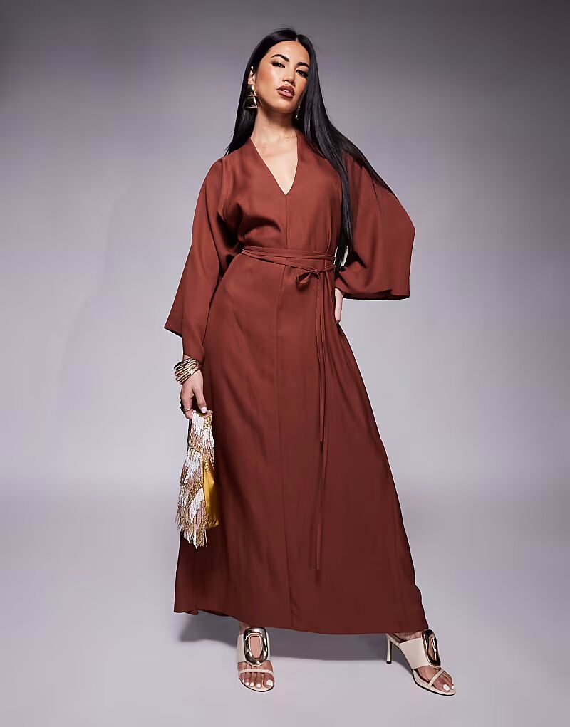 

Платье-кимоно миди ASOS DESIGN с запахом темно-коричневого цвета