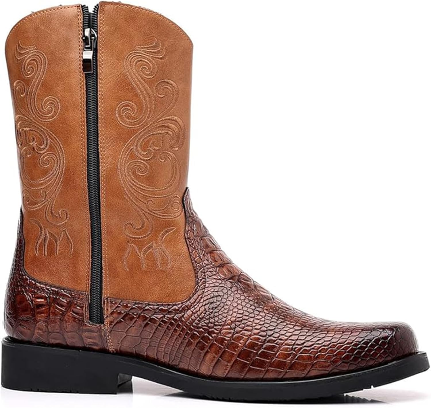 Мужские сапоги Crocodile Western с боковой молнией, средней высоты, квадратный носок, кожа Xinduoyu, коричневый — фото 3