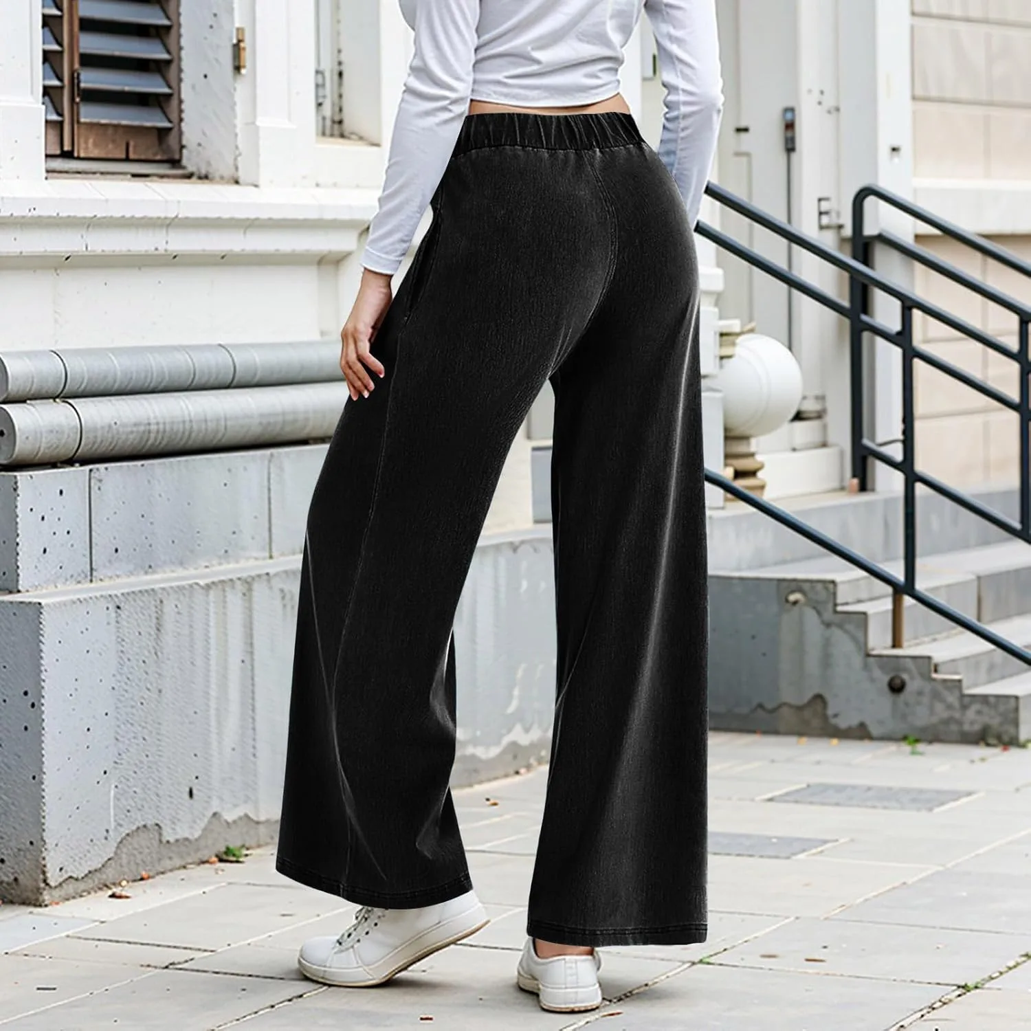 Женские джинсы-брюки baggy bootcut с высокой эластичной талией — фото 4