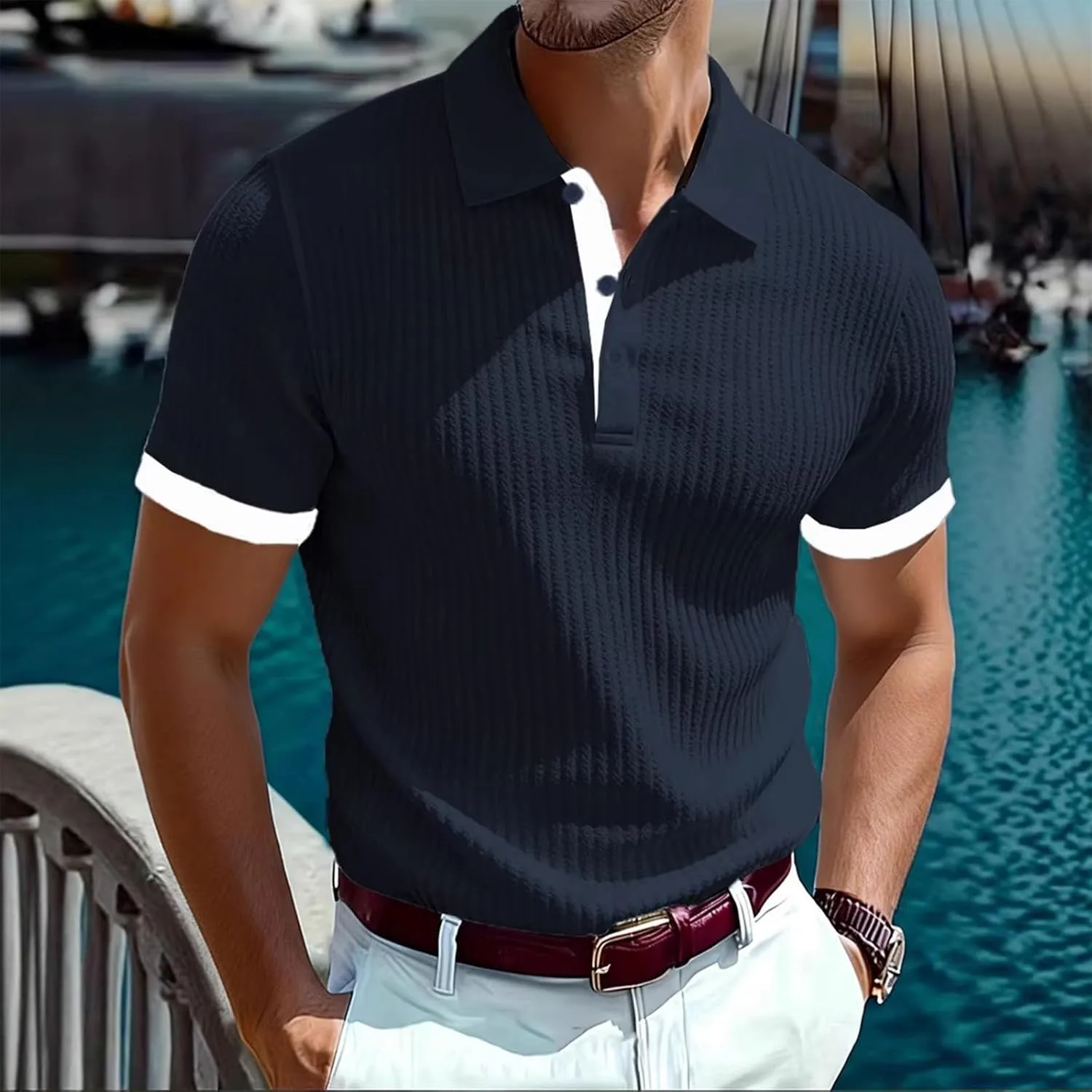 Мужская поло с коротким рукавом Ribbed Breathable Button Down — фото 2