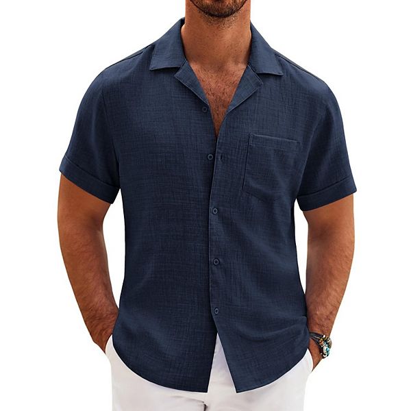 

Мужская повседневная рубашка с коротким рукавом и пуговицами Cuban Linen Coofandy, Navy Blue