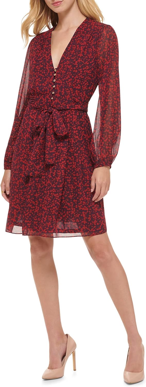 

Женское мини-платье Tommy Hilfiger с рукавами-фонариками, V-образным вырезом и завязкой на талии, Aubergine/Chili Pepper