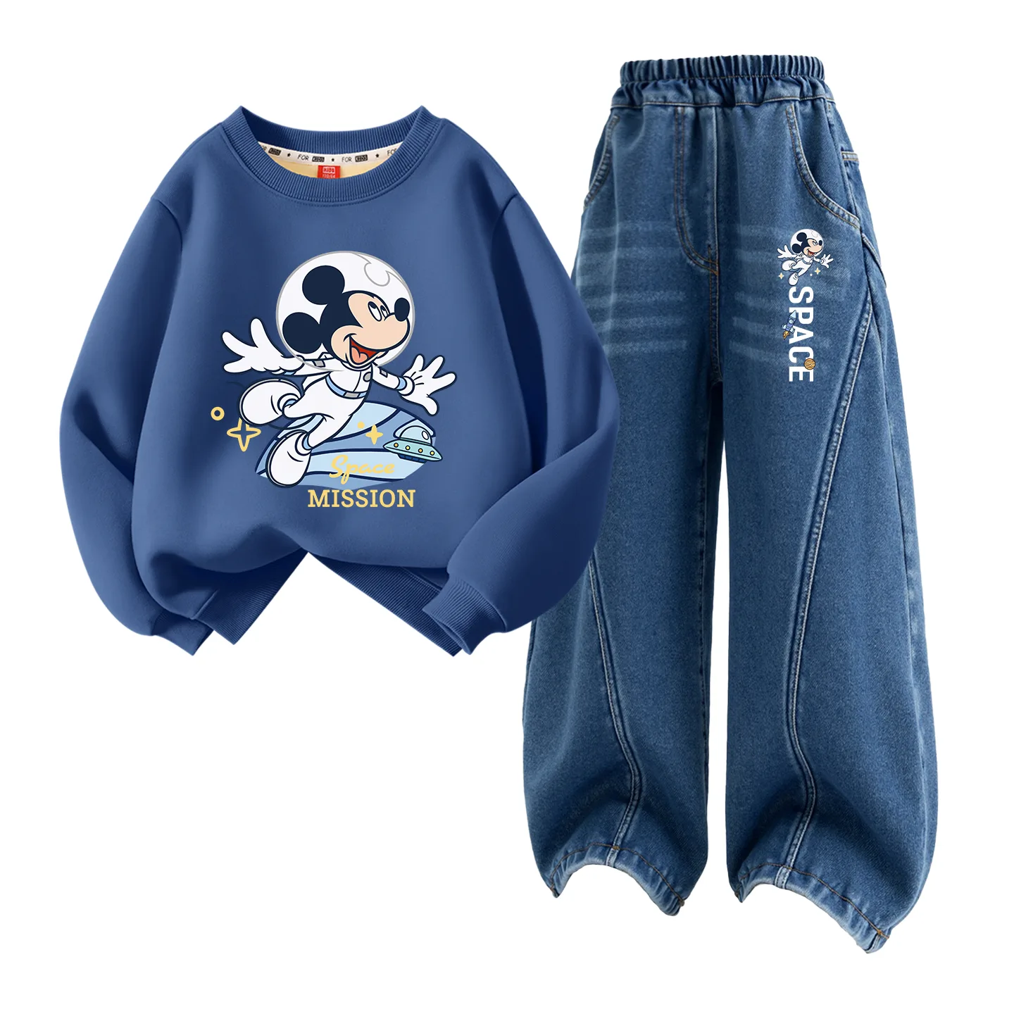 Детский спортивный костюм с круглым вырезом Disney, [Thickened and Fleece-Lined]Dark Indigo Blue+Dark Flight Denim Blue