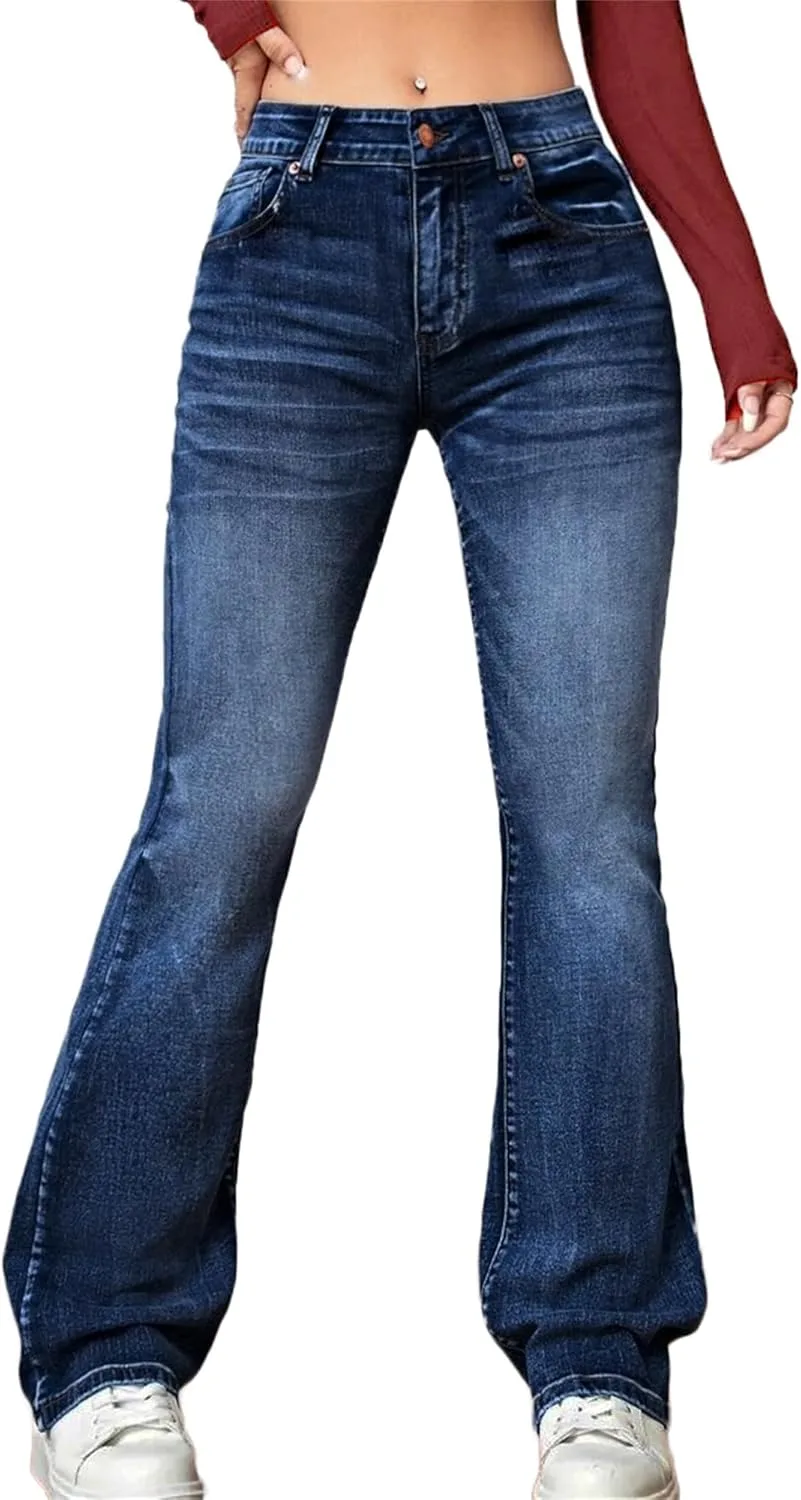Andongnywell женские базовые джинсы bootcut mid rise stretch slim wide legs с карманами — фото 4