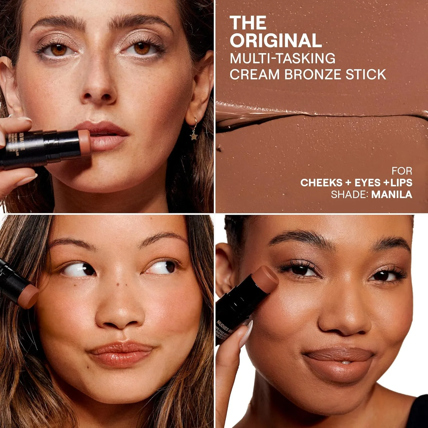 Nudestix Nudies Bronze All Over Matte Bronzing Stick - кремовый бронзер 3-в-1 для щек, глаз и губ со встроенной кистью | Естественный контур и эффект загара, Manila — фото 2