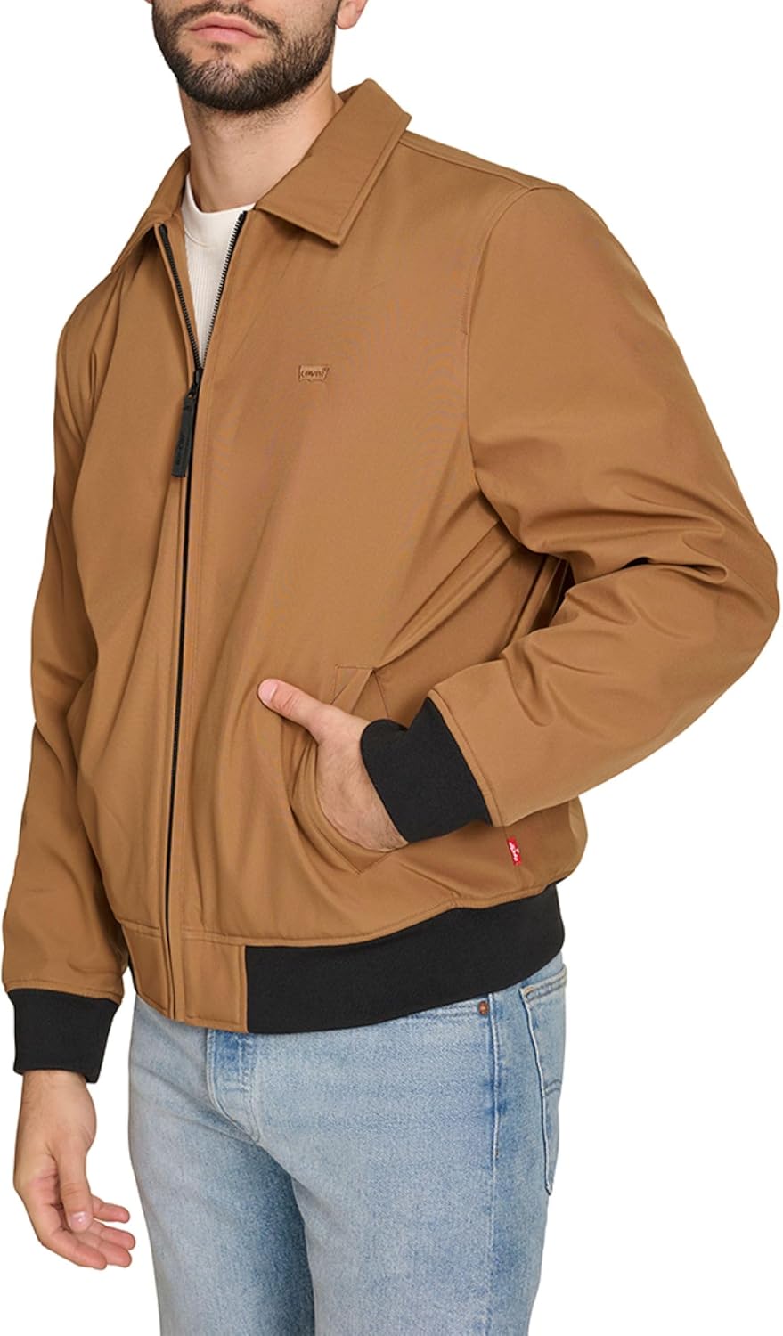 Мужская легкая куртка-бомбер Levi's из мягкой ткани софтшелл Varsity Rib Knit, Worker Brown — фото 3