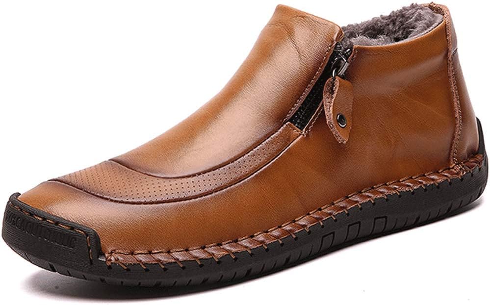 

Мужские слипоны JEBU с меховой подкладкой, кожаные, с ручной молнией, противоскользящие, зимние, повседневные, высокие кеды, светло-коричневый