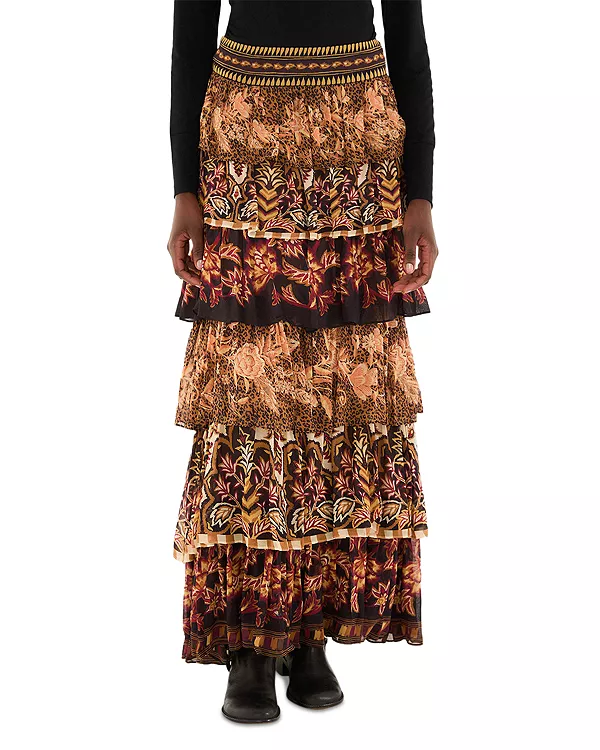 

Разноцветные шарфы, юбка-макси с оборками Farm Rio, коричневый