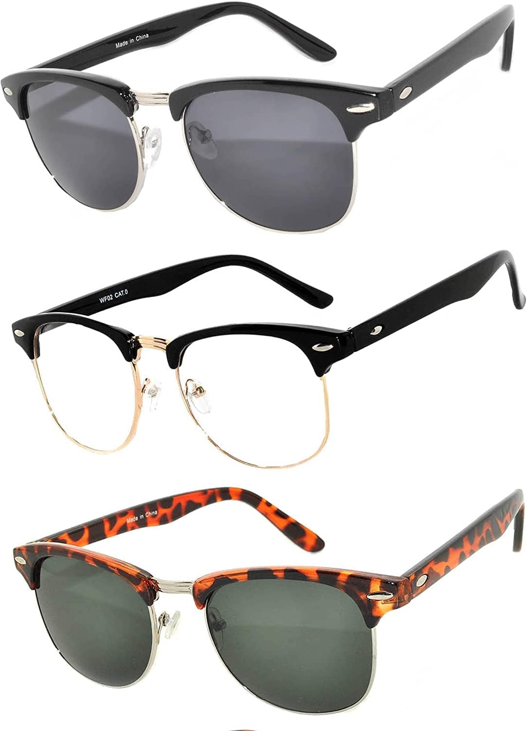 

OWL Набор из 3 полуободковых солнцезащитных очков из металла и пластика для женщин и мужчин, защита от УФ-излучения UV400, дымчатые, тонированные, зеркальные линзы, ретро-стиль, Black Smoke, Clear, Leopard Smoke