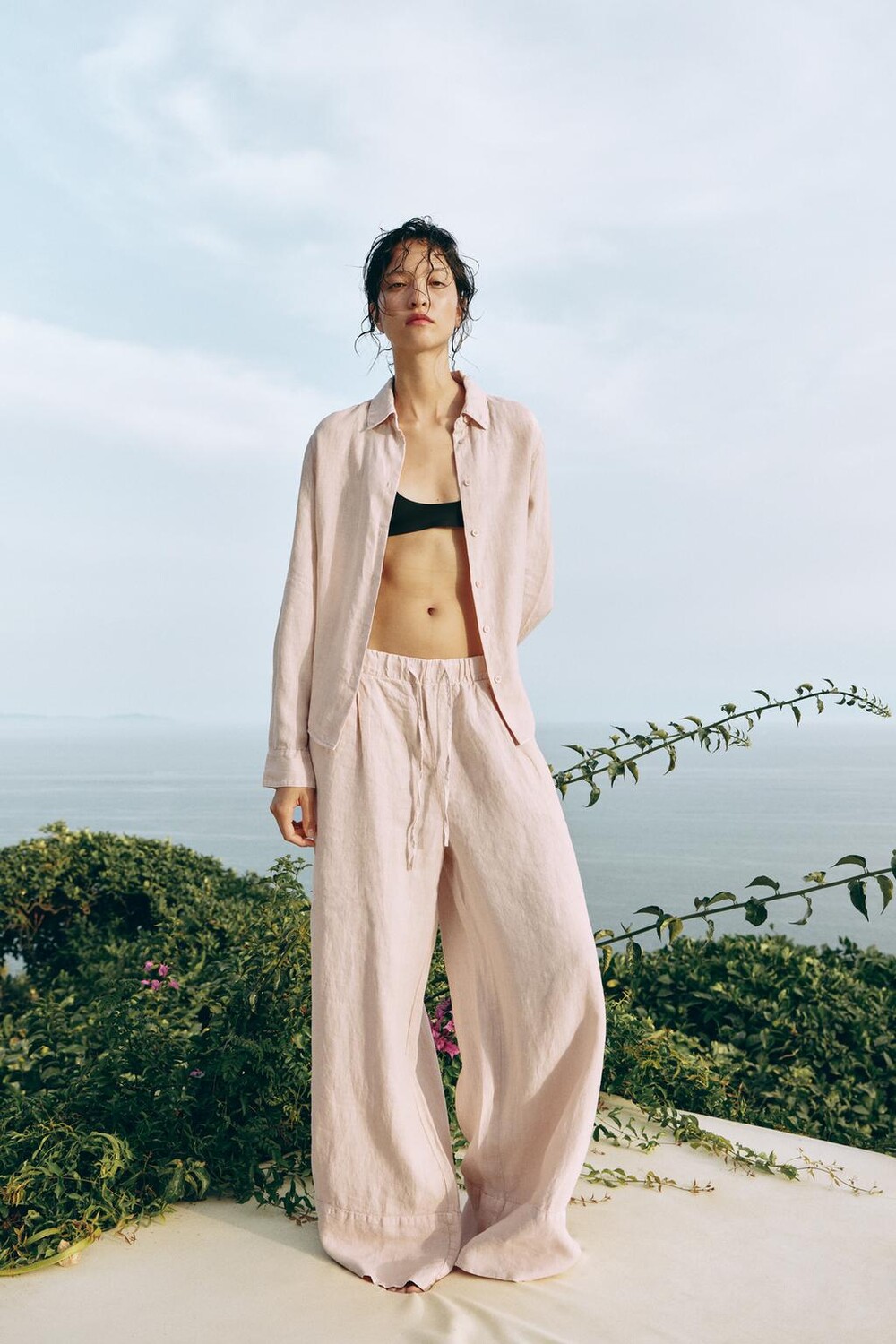 

Брюки палаццо из 100% льна ZARA, пастельный розовый