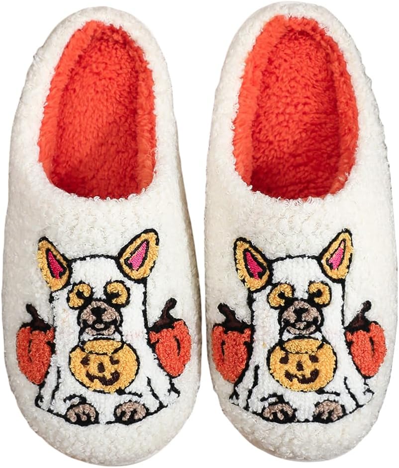 

Домашние тапочки на Хэллоуин для женщин и мужчин - уютные плюшевые домашние тапочки с нескользящей подошвой, милые изображения привидений/тыкв/летучих мышей, нескользящие, удобные для дома, для взрослых Hi-Y2Kgirls, A23