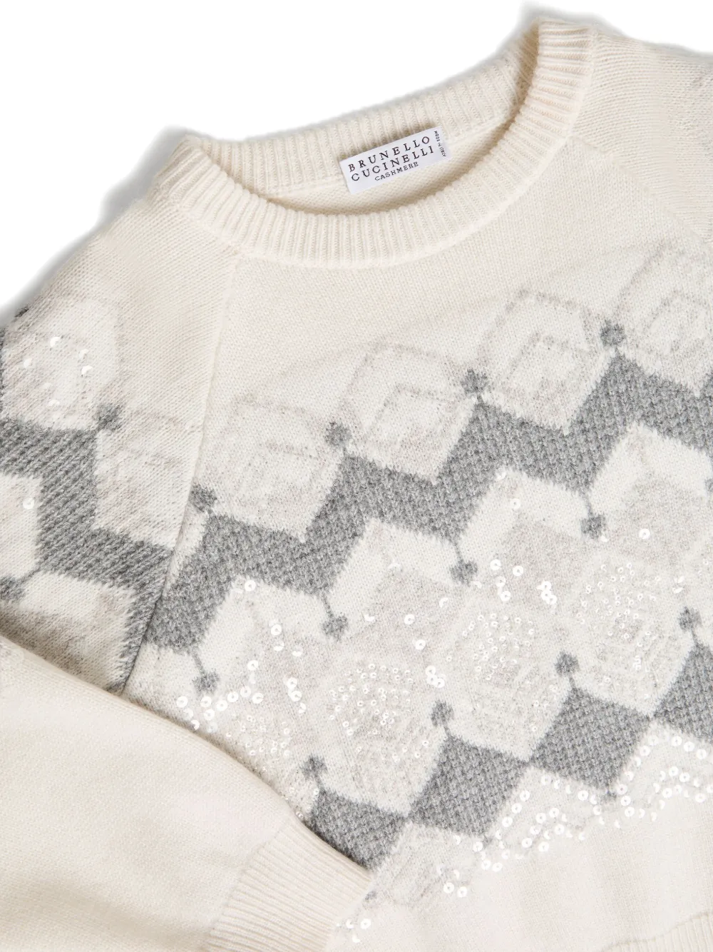 Жаккардовый свитер с пайетками Brunello Cucinelli Kids, светло-бежевый — фото 3